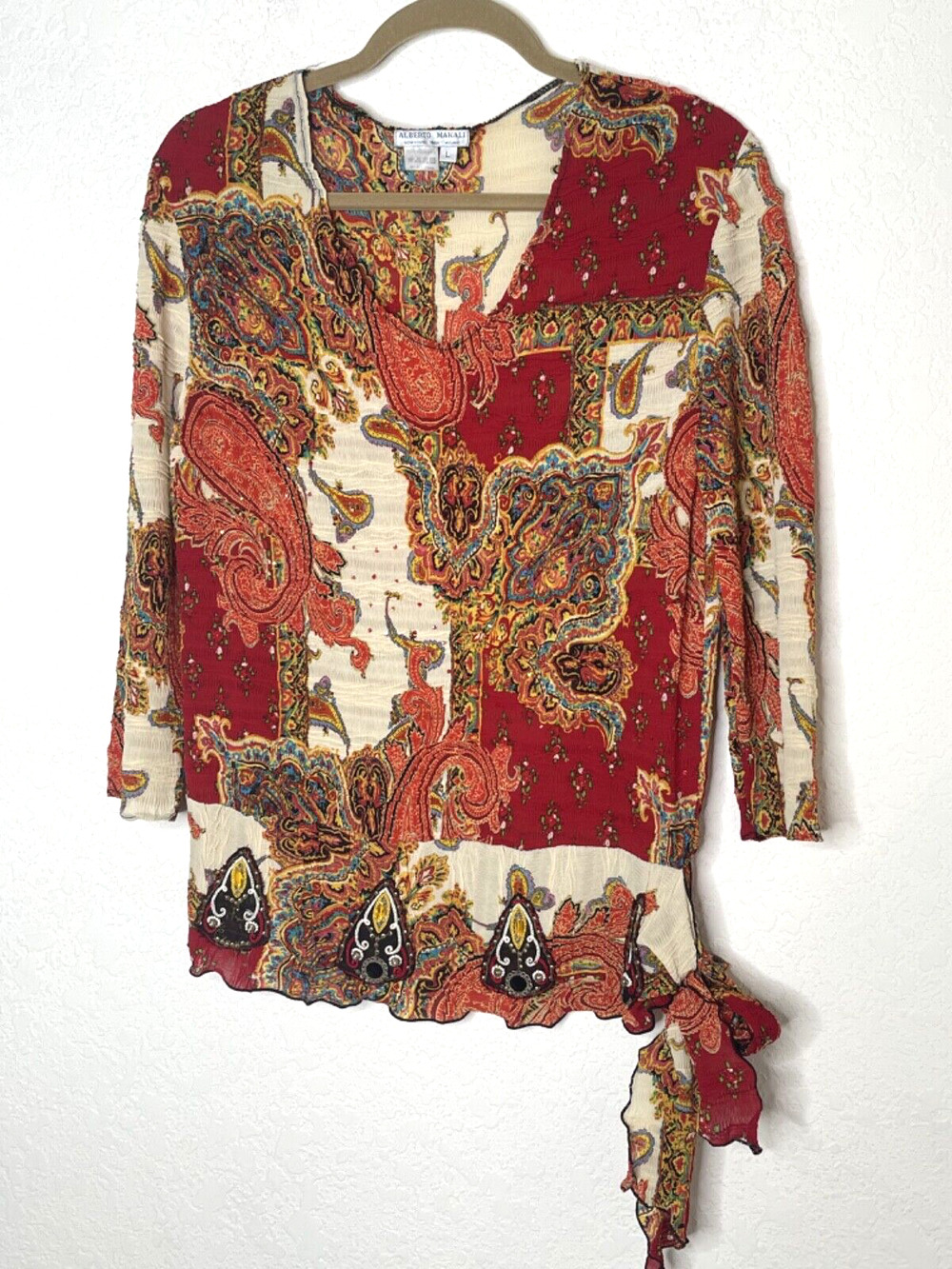 Alberto Makali Paisley Print Crinkle Textured Blouse Size L Beaded Multicolor